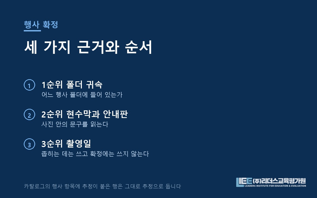 폴더 귀속·현수막 문구·촬영일 순서의 행사 판정 도해