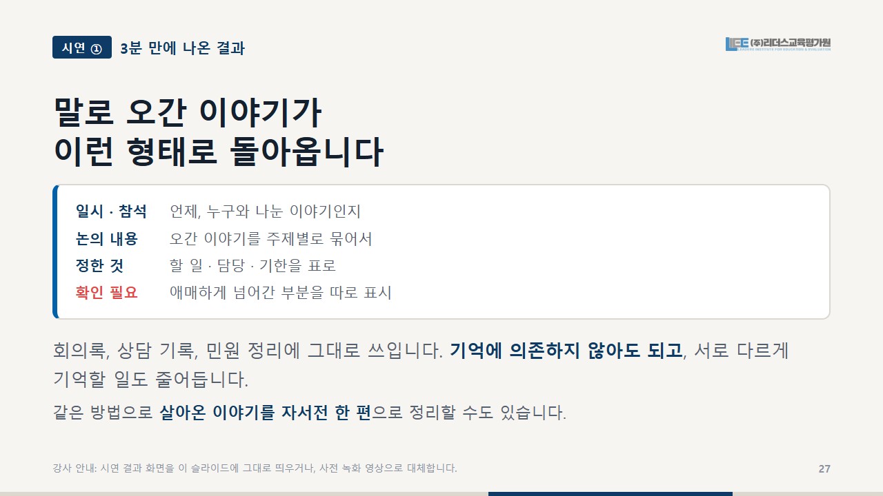 회의록 결과물의 네 항목 구성을 정리한 교안 화면